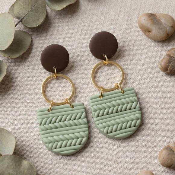Sage Green Polymer Clay Wood Dangle Earrings Gold Plated Sterling Silver Posts - Picture 6 of 17